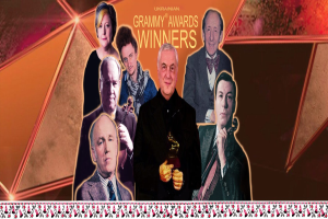 Gruppe von Menschen auf einer Bühne, die einen Preis halten und mit Lächeln und erhobenen Armen feiern, mit dem Text "Grammy Awards Gewinner" und einem Design unten.