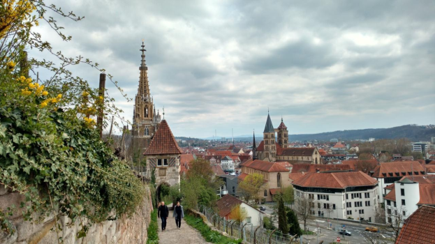Gruppe von Menschen, die einen Pfad neben einer Steinmauer mit Kletterpflanzen entlanggehen, umgeben von Grün und Gebäuden im Hintergrund unter einem bewölkten Himmel.