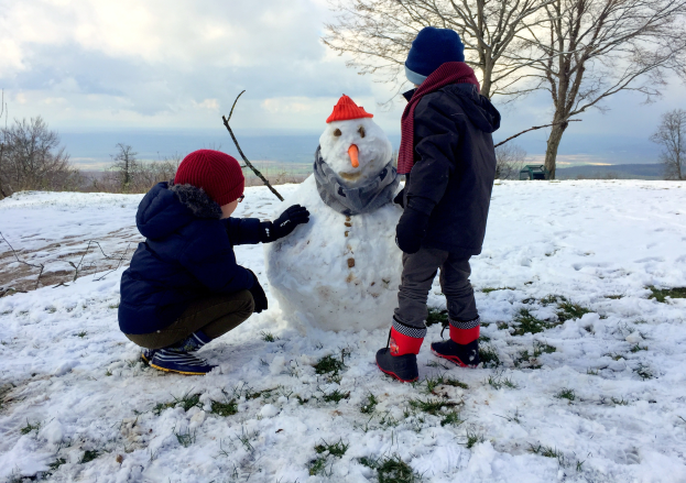 Zwei Kinder in Winterkleidung bauen einen Schneemann in einer verschneiten Landschaft mit Bäumen, Hügeln und einem bewölkten Himmel, einer hält einen Stock.