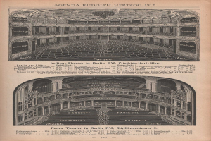 Schwarz-weiß-Illustration eines großen Auditoriums mit Sitzreihen und architektonischen Details, begleitet von gedrucktem Text, der das Layout des Berliner Theaters von 1912 beschreibt.