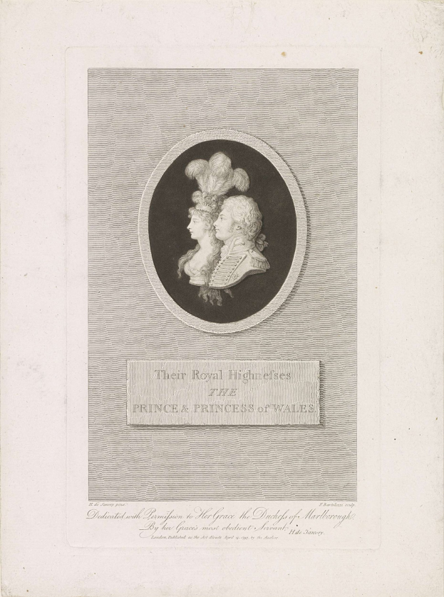 Schwarzes-weißes Bild eines Papiers mit einem Foto des Prinzen und der Prinzessin von Wales neben etwas gedrucktem Text.