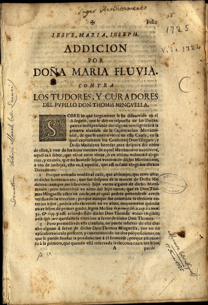 Ein altes Buch mit schwarzem Hintergrund und einem Stempel, auf dem 'Suchtdämpfung für Doña Maria Fluvia' steht.