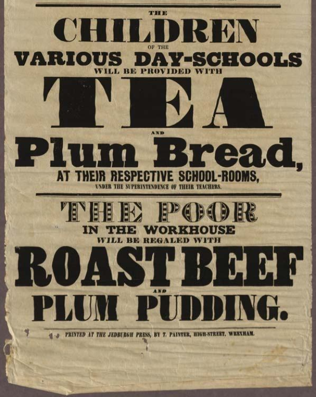 Ein Blatt mit Text, das ankündigt, dass Kinder aus verschiedenen Tagesschulen Tee, Pflaumenbrot, Rindfleisch und Pflaumenpudding erhalten werden.