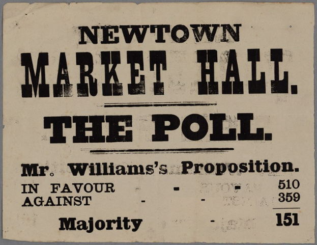 Papier mit handgeschriebenem Text, der "Newtown Market Hall, die Abstimmung, Mr. Williams' Proposition für gegen Mehrheit" liest.