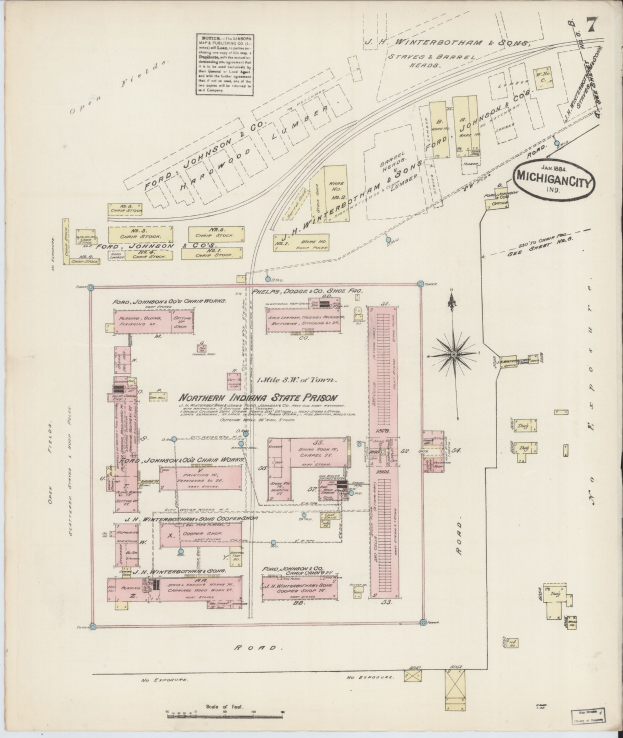 Alte Karte von Detroit, Michigan, zeigt den Standort des nördlichen Indiana State Prison mit gedruckten Textdetails.