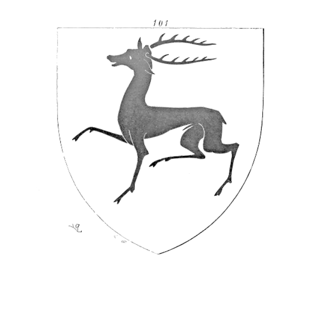 Eine Schwarz-Weiß-Zeichnung eines Hirschs mit erhobenem Geweih auf einem mit Sternen und Streifen verzierten Schild, mit der Aufschrift "Deutscher Staat" oben.