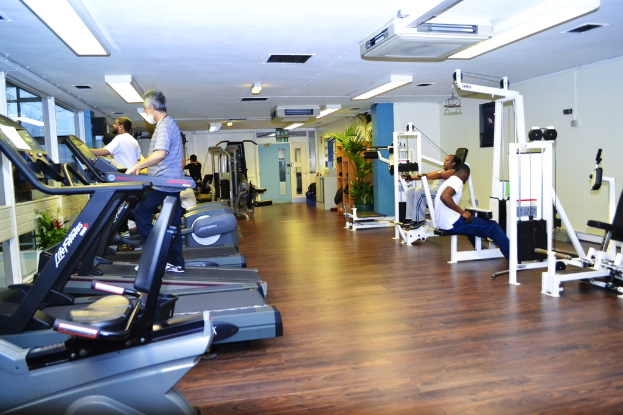 Ein Fitnessstudio mit verschiedenen Trainingsgeräten und Menschen beim Sport, mit einer Pflanze auf der rechten Seite.