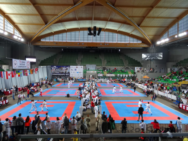 Eine große Gruppe von Menschen steht auf einer blauen Matte in einem Stadion, umgeben von sitzenden Zuschauern, mit Bannern, Fahnen, Bildschirmen und Lichtern im Hintergrund, während eines Judokampfs.
