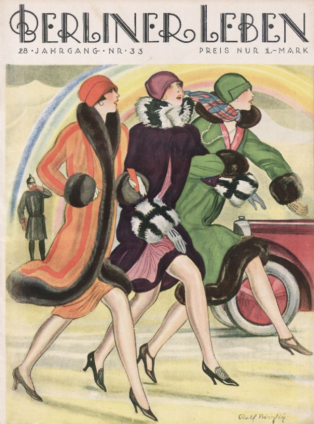 Ein Plakat einer Berliner Leben-Zeitschrift von Februar 1933 mit drei Frauen in bunten Kleidern und Hüten auf einer Straße, einem Auto im Hintergrund und einer Person in der Nähe sowie Text.