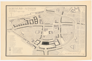 Ein detailliertes altes Stadtplan von Dortmund, Deutschland, auf einem weißen Hintergrund, der Stra├čen, Geb├Ąude, Landmarken und Text mit zus├Ątzlichen Stadtinformationen zeigt.