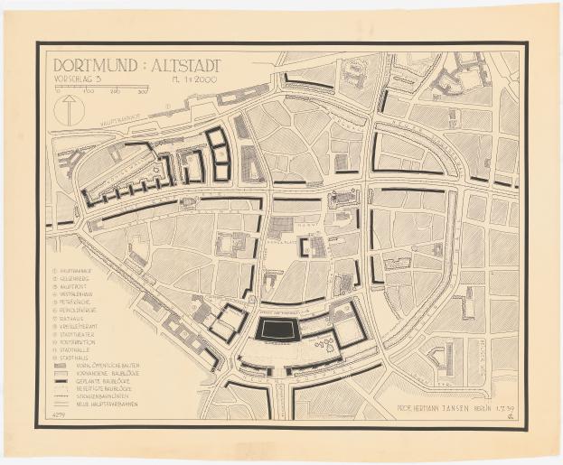 Ein detailliertes altes Stadtplan von Dortmund, Deutschland, auf einem weißen Hintergrund, der Stra├čen, Geb├Ąude, Landmarken und Text mit zus├Ątzlichen Stadtinformationen zeigt.
