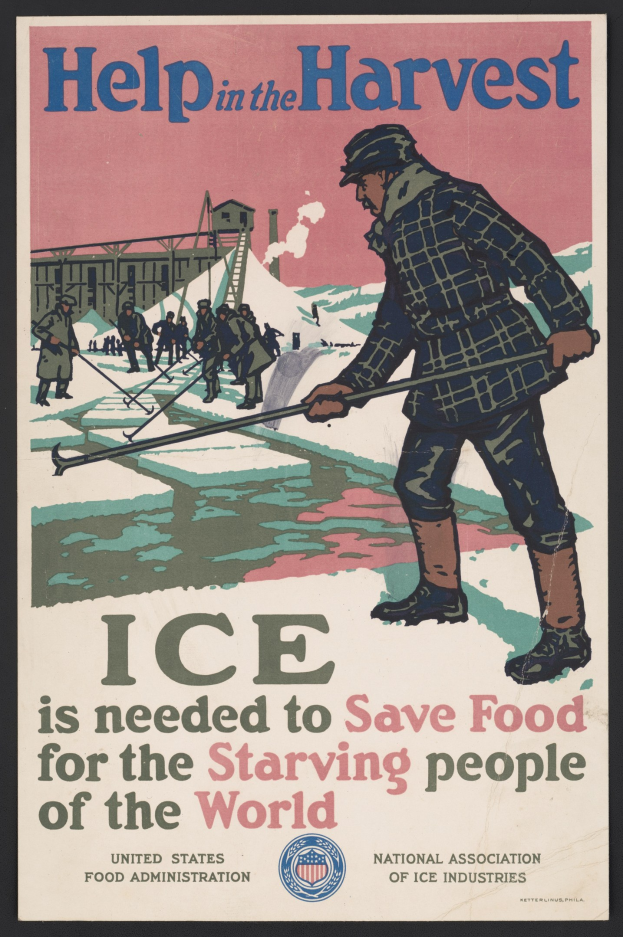 Plakat mit einer Person in einem weißen Hemd und blauen Jeans, die in einem verschneiten Feld unter einem blauen Himmel steht, mit fetter schwarzer Schrift, die "Hilfe bei der Ernte - Eis wird benötigt, um Lebensmittel für die hungernden Menschen der Welt zu retten" lautet.