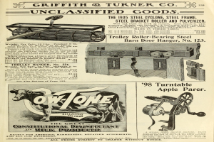 Eine alte Werbung mit einer zentralen Kuh, einer Maschine auf jeder Seite und fettem Text, der von einem dekorativen Rahmen umgeben ist.