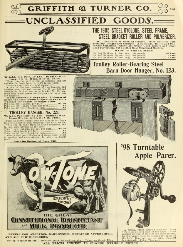 Eine alte Werbung mit einer zentralen Kuh, einer Maschine auf jeder Seite und fettem Text, der von einem dekorativen Rahmen umgeben ist.