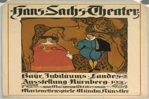 Plakat für das Hans-Sachs-Theater in München, Deutschland, das einen förmlich gekleideten Mann und eine Frau zeigt, die nebeneinander stehen und vor einem tiefblauen Hintergrund mit Sternen posieren.