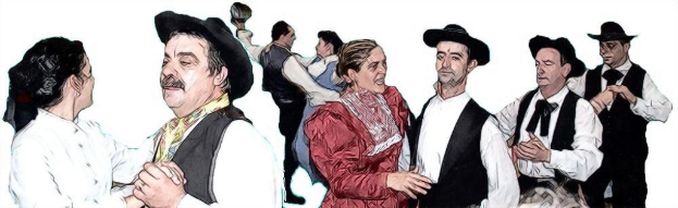 Ein Gemälde, das eine Gruppe von Paaren beim Tanzen zeigt.