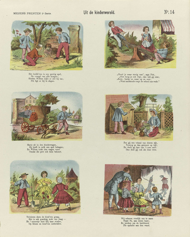 Offenes Buch mit Illustrationen von Kindern, die in einem Park spielen, umgeben von Bäumen, Gebäuden und einem Wagen, neben Text.