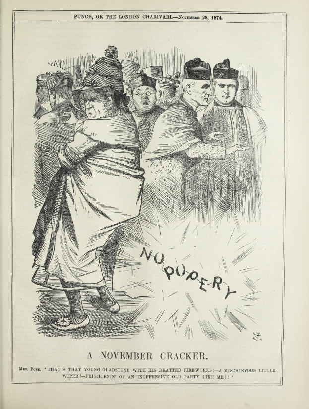 Eine Broschüre mit dem Titel "Ein November-Knaller - Punch, oder die Londoner Charivari - November 28, 1874", die eine feiernde Gruppe von Menschen zeigt, einige lachend, umgeben von einem dekorativen Rahmen.