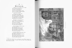 Offenes Buch mit dem Titel "Die Geschichte Deutschlands" zeigt eine Schwarz-Weiß-Illustration einer Stadtlandschaft mit Gebäuden, Menschen und Text.