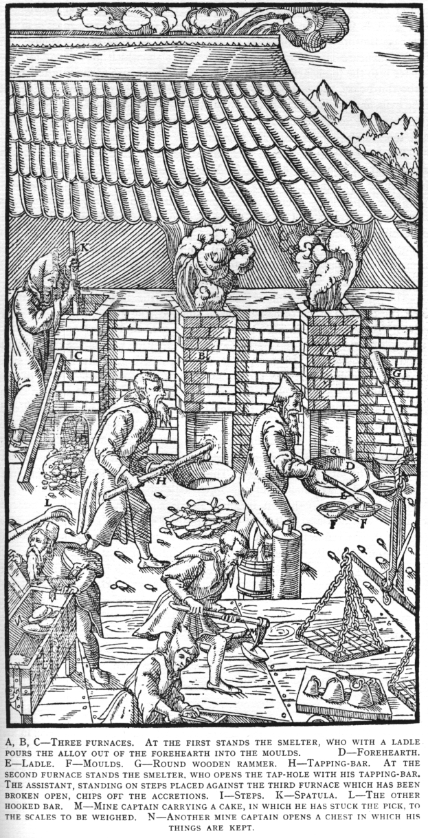 Eine Schwarz-Weiß-Zeichnung einer Gruppe von Menschen, die in einer Fabrik arbeiten, mit einem Haus im Hintergrund und einem Text unten, der "A.B.C. Drei Öfen stehen am Ersten der Schmelzer" lautet.