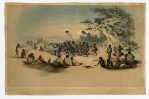 Gruppe von Menschen, die um ein Feuer tanzen, auf einem Feld mit Bäumen und einem klaren Himmel, betitelt "Der Kuri-Tanz, 1839", einige halten Stöcke.