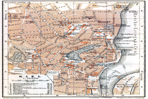 Alte detaillierte Karte von Kiel, Deutschland, mit Text oben und unten, zeigt Straßen, Gebäude und Sehenswürdigkeiten.
