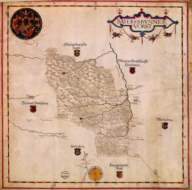 Ein detaillierter 15. Jahrhundert-Karte von Bayern, die geographische Merkmale wie Flüsse, Berge und Städte zeigt, begleitet von informativem Text und Logos.
