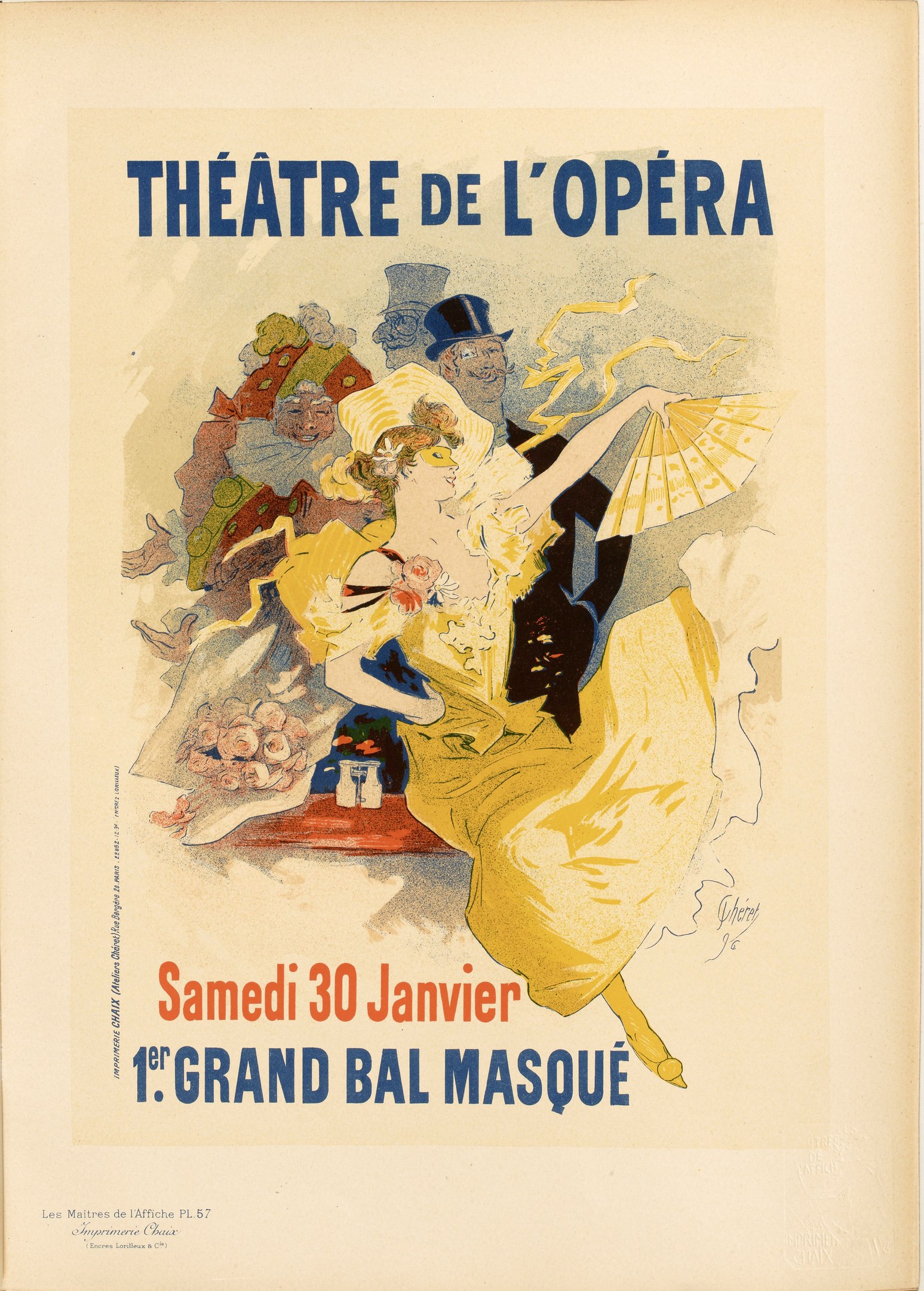 Plakat für das Théâtre de l'Opéra in Paris mit einer Frau in einem weißen Kleid mit einem blauen Schal, ihre Haare zu einem Dutt gebunden, vor einem tiefblauen Nachthimmel mit Sternen und schwarzer, fetter Schrift, die 'Theater der Oper' lautet.