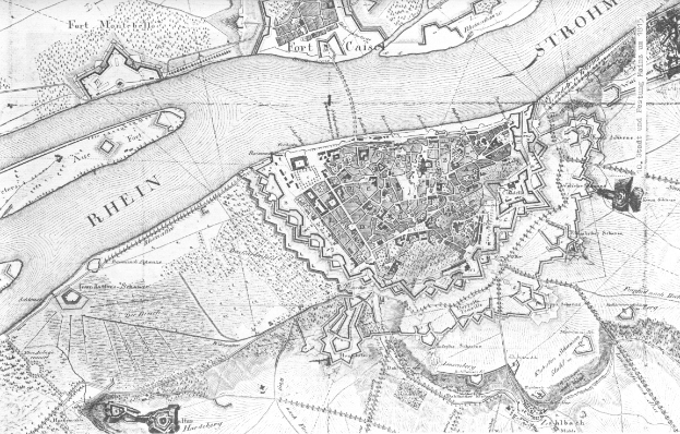 Eine Schwarz-Weiß-Detailkarte der Stadt Rhein, die Straßen, Gebäude und andere Merkmale mit Textbeschriftungen zeigt.