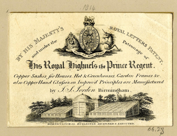 Businesskarte für "The Royal Highmills of the Prince Regent" mit einem Bild eines Gebäudes mit Bäumen und einem Logo.