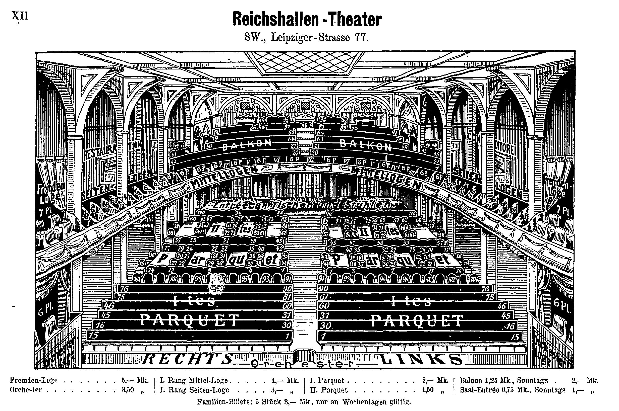 Eine Schwarz-Weiß-Zeichnung des Reichshallen-Theaters in Berlin, Deutschland, zeigt eine detaillierte Illustration des Auditoriums mit Text oben und unten.