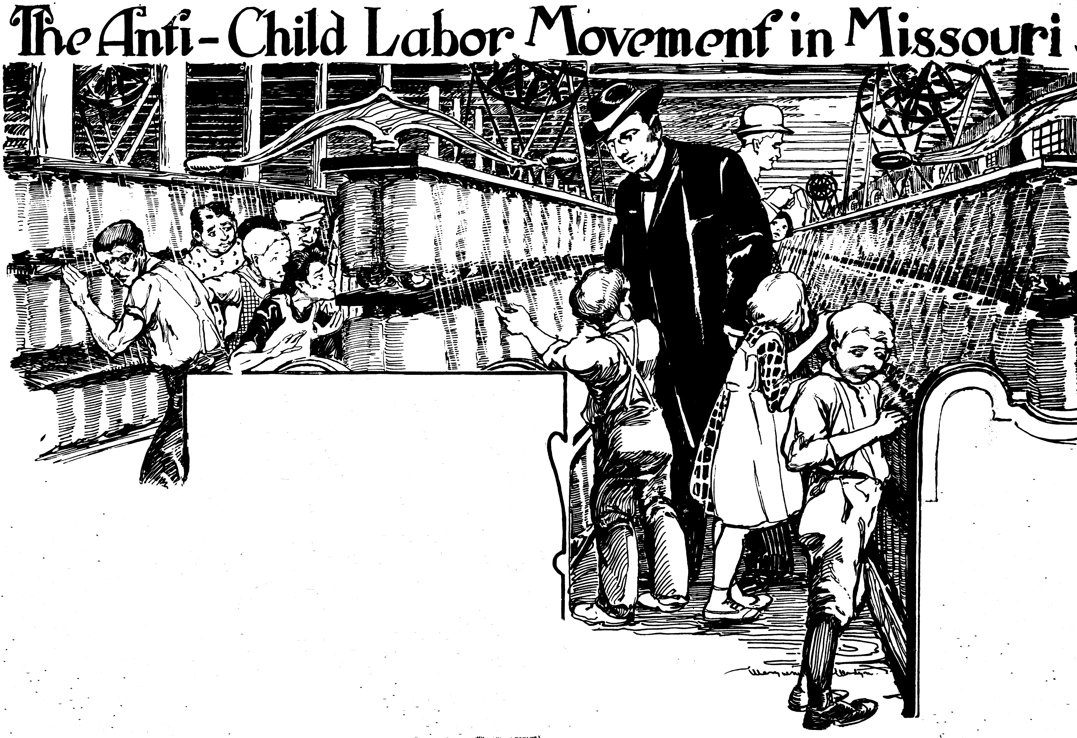 Ein Plakat, das die Anti-Kinderarbeit-Bewegung in Missouri zeigt, mit einer Gruppe von Menschen in traditioneller Kleidung, einige stehen, einige sitzen, mit besorgten Gesichtern und Text oben und unten mit der Aufschrift "Die Anti-Kinderarbeit-Bewegung in Missouri."