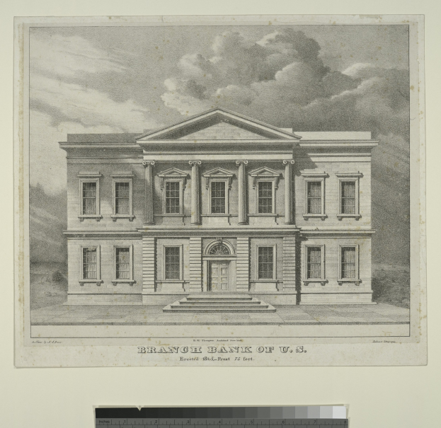 Schwarze und weiße Zeichnung eines Gebäudes mit der Beschriftung "Zweigstelle der Vereinigten Staaten" mit Fenstern, einer Tür, Treppen und einem bewölkten Himmel.