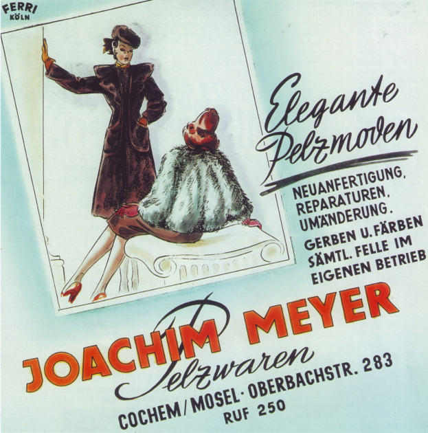 Ein Plakat mit einer Frau in einem modischen Kleid, mit Text, der ein Produkt des deutschen Mode-Labels Joachim Meyer beschreibt.