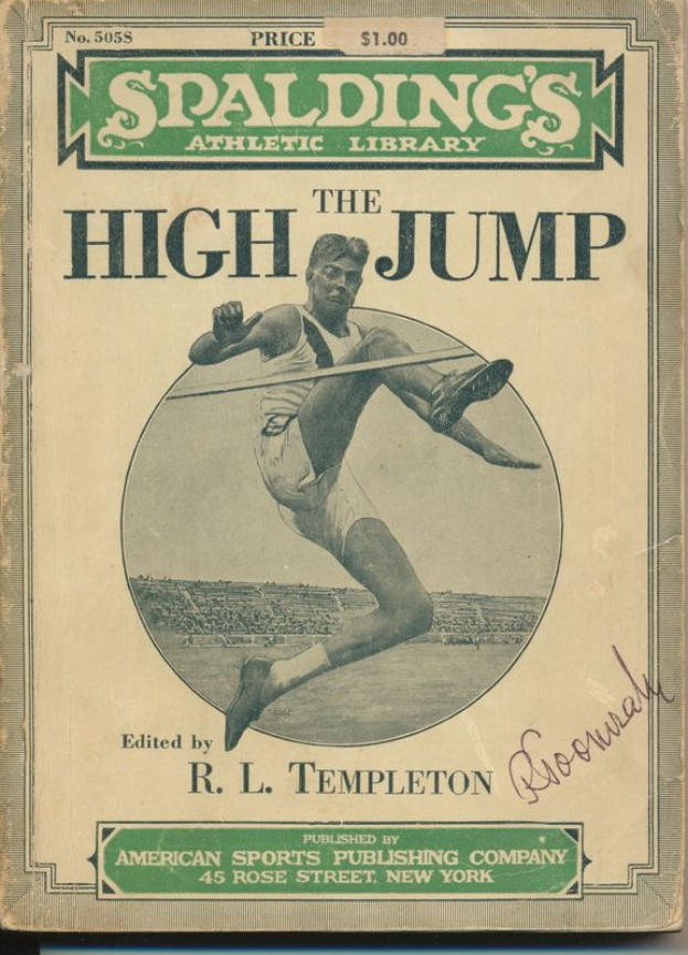 Ein Buch mit dem Titel "The High Jump" von R.L. Templeton, veröffentlicht von Spalding's Athletic Library, mit einem Coverbild einer Person in der Luft und fetter Titeltext.
