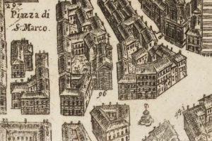 Eine handgezeichnete Stadtansicht mit mehreren Gebäuden in verschiedenen Architekturstilen, begleitet von handgeschriebener Text auf dem gleichen Papier.