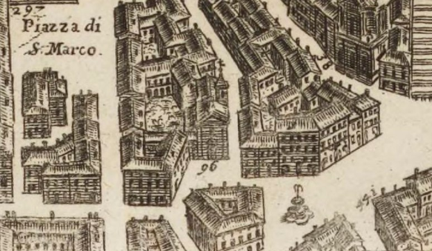 Eine handgezeichnete Stadtansicht mit mehreren Gebäuden in verschiedenen Architekturstilen, begleitet von handgeschriebener Text auf dem gleichen Papier.