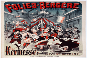 Ein Plakat für das Folies-Bergère-Festival in Paris, das eine Gruppe tanzender Menschen im Vordergrund zeigt, mit Gebäuden, Flaggen und einem Baum im Hintergrund und französischem Text oben und unten.