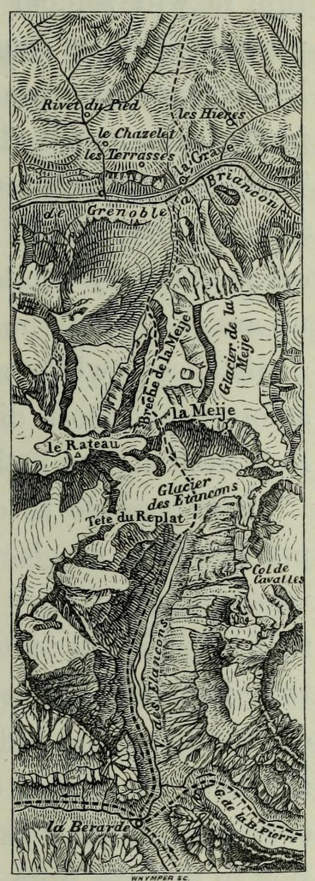 Eine schwarz-weiße topografische Karte des Rheins, die Höhenangaben, Geländekonturen und Texte mit Informationen zu Städten, Dörfern und geografischen Merkmalen zeigt.