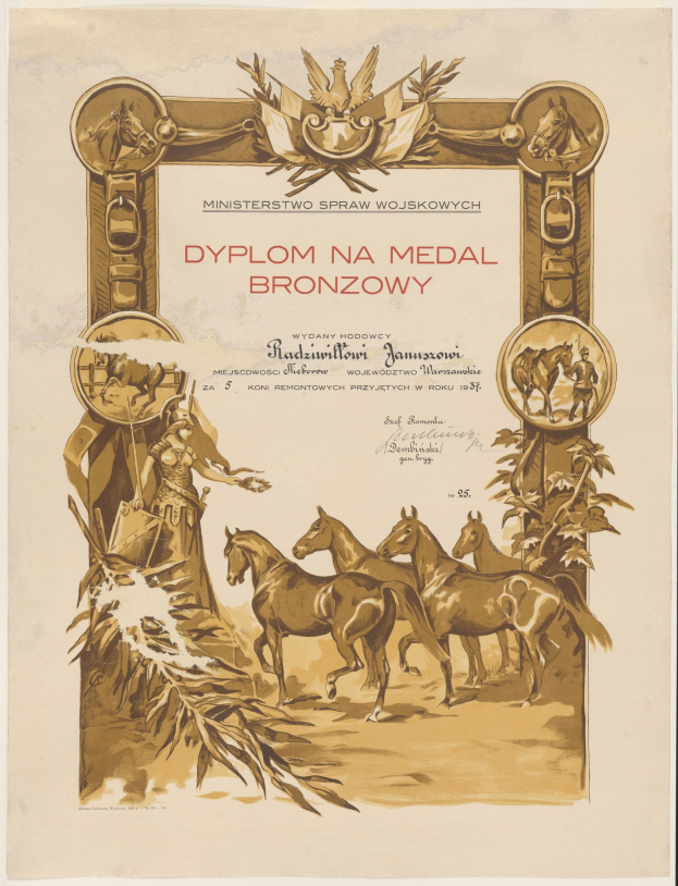 Bronze-Medaillen-Serienposter mit galoppierenden Pferden auf einem Sonnenuntergangsfeld mit dem Text "Dyplom na Medal Bronzowy."