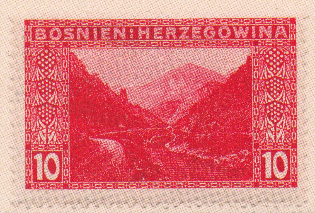 Eine rote Briefmarke aus dem Jahr 1938 mit der Aufschrift "Bosnien Herzegowina" und einer Illustration von Bergen und einem Fluss in mint never hinged (MNH) Zustand.