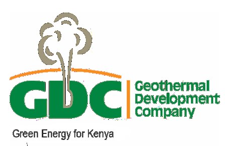 Logo der Geothermal Development Company (GDC) mit einem grünen Kreis mit weißer Umrandung und einem zentralen weißen Stern, umgeben von einem grünen Ring mit dem Unternehmensnamen in weiß und der Text "Green Energy for Kenya" in fetter schwarzer Schrift darunter.