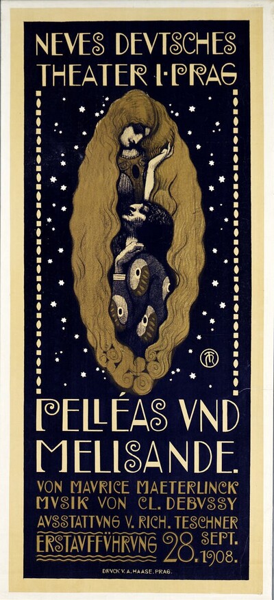 Ein Plakat für das Neue Deutsche Theater in Prag, das ein zentrales Bild einer Frau mit einem menschlichen Gesicht und Text mit Theaterinformationen zeigt.