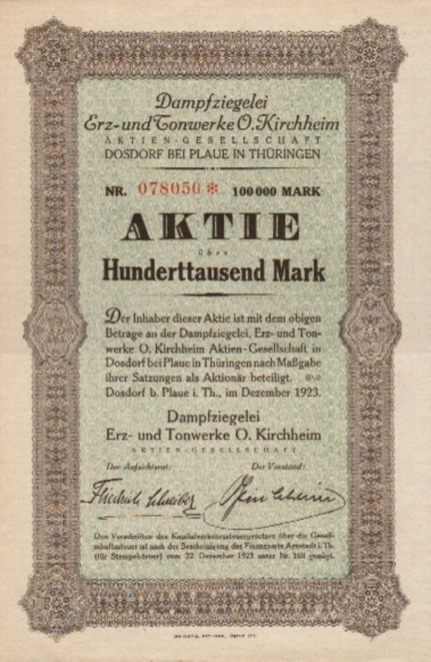 Ein altes deutsches Wertpapier mit einem Porträt eines Mannes und Text zur Herkunft des Wertpapiers.