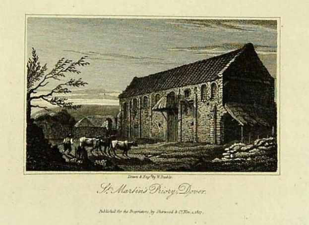 Eine Gravur von St. Martins Priorei, Dyer, mit einem Haus, Bäumen, Tieren und einem Himmel im Hintergrund und Text unten.