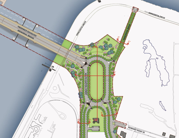 Ein Lageplan einer neuen Parkanlage mit üppigen grünen Bäumen, gewundenen Straßen und einem ruhigen Gewässer.