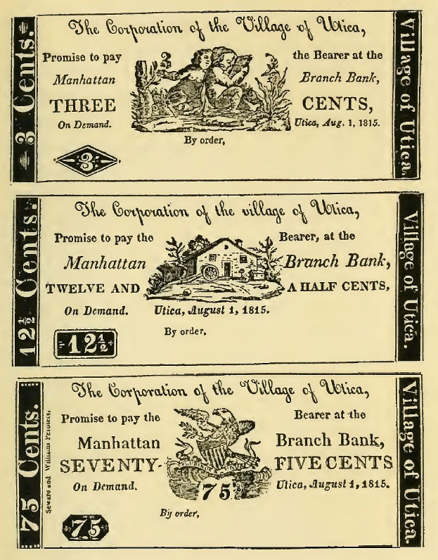 Eine alte Buchwerbung für eine Bank, die einen Mann und eine Frau zeigt, die entschlossen nebeneinander stehen, mit dem Text "Bank" und Zahlen, die den erhaltenen Geldbetrag angeben.