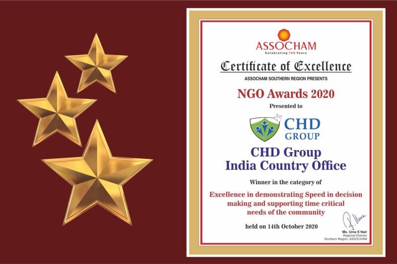 Auszeichnung 'Certificate of excellence' für die Ngo Awards 2020 an Chd Group India Country Office, mit einem Schild-Logo mit einem zentralen Stern und einem Lorbeerkranz.