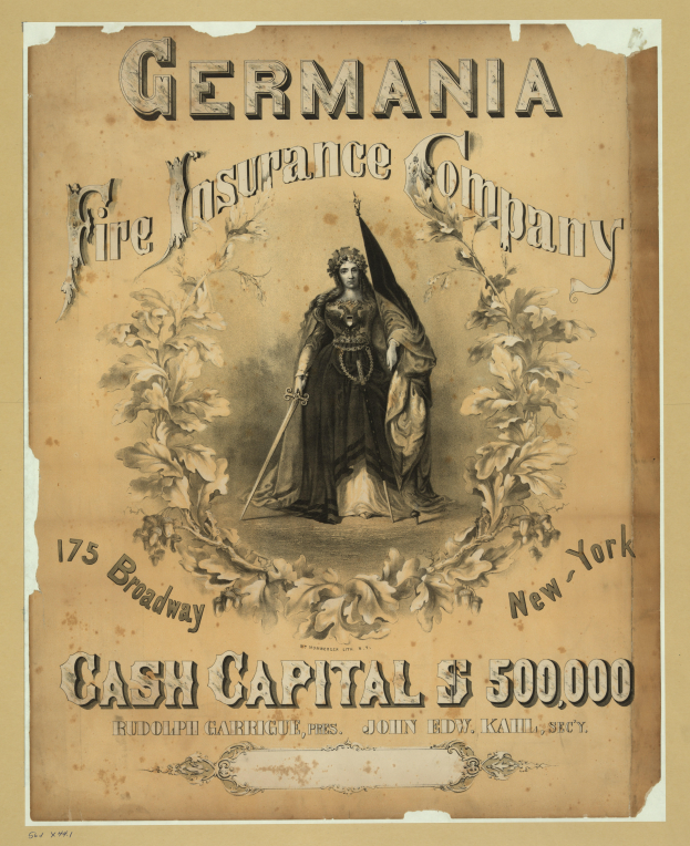 Eine alte Werbung für die Germania Fire Insurance Company, die ein zentrales Bild einer Frau zeigt.