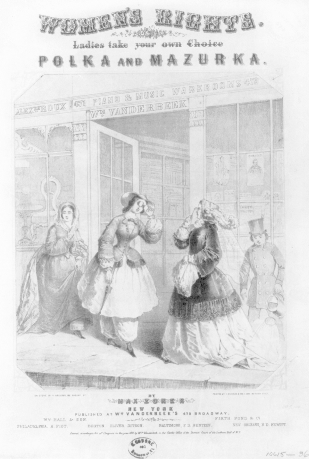 Schwarz-weiß-Illustration von drei Frauen vor einem Gebäude mit der Aufschrift "Frauenrechte: Ladies Take Your Own Choice, Polka und Mazurka" oben und unten.